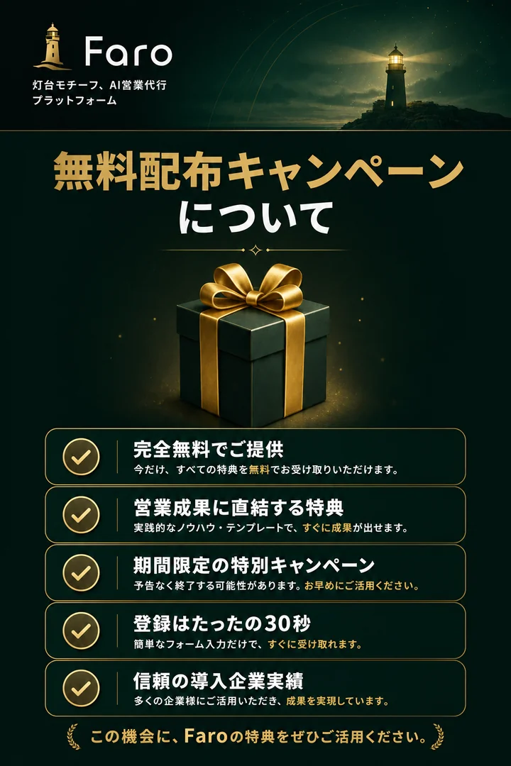 無料配布キャンペーンについて。 Faroのテスト施策として当日中にLPを無料制作、 制作したLPはそのまま自由にご利用いただけます、 自社サービス用でも提案用でもOK、 先着順のため枠が埋まり次第終了、 制作はFaro側のデザイナーが対応。