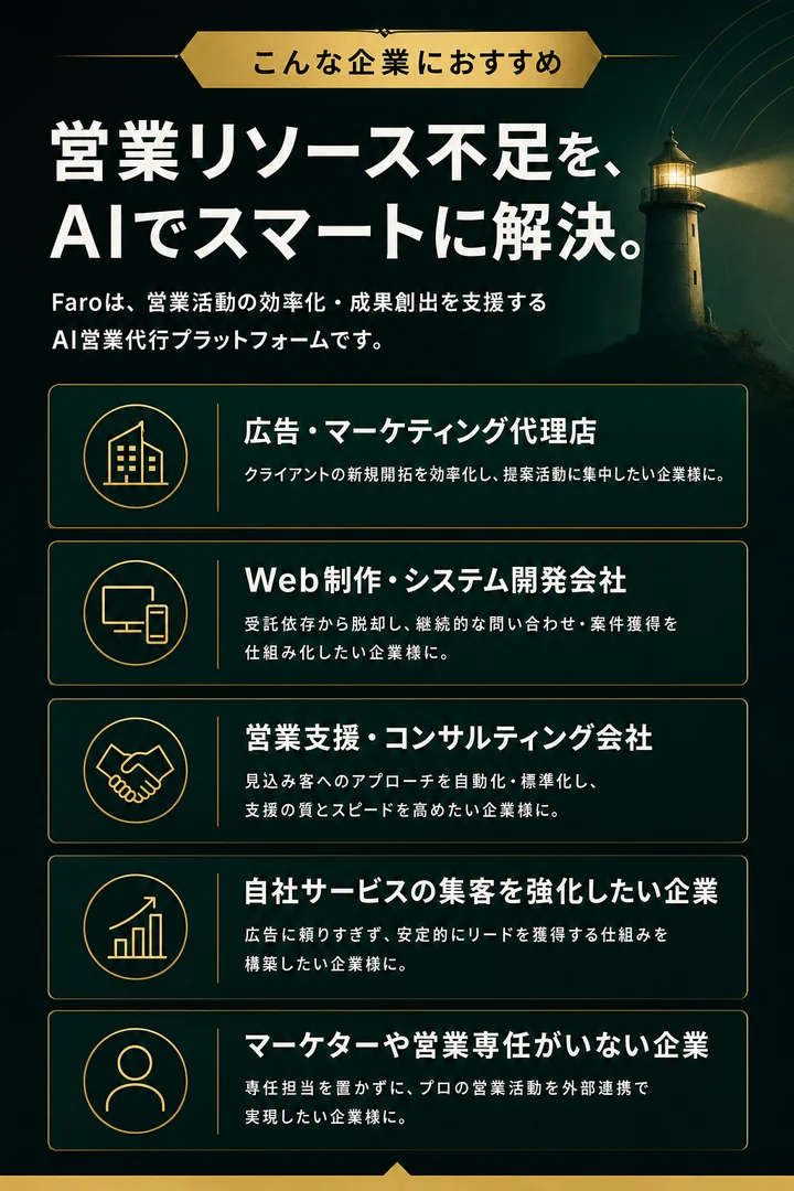 こんな企業におすすめ。 広告代理店、 Web制作会社、 営業支援会社、 自社集客を強化したい企業、 専任マーケターがいない会社。